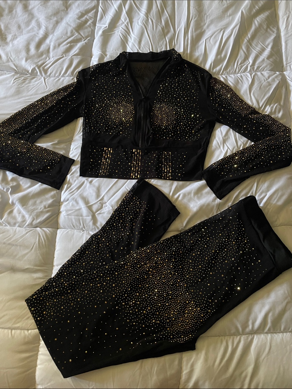 Fashion Nova Black Two-Piece Rhinestone Track Set with Gold Accents